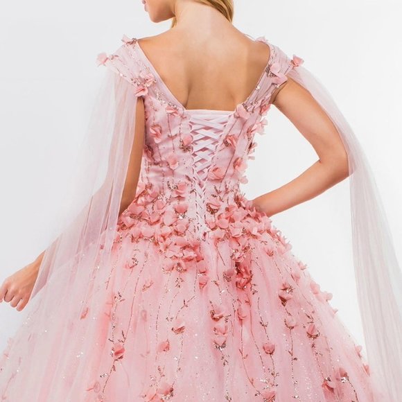 Floral Applique Glitter Mesh Quinceanera Dress w/ Detachable Cape Sleeve GL1974 - Picture 6 of 8